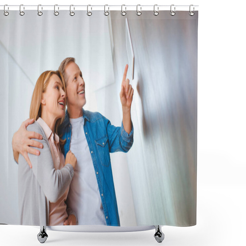 Personality  Smiling Man Pointing At Smart Home Control Panel While Hugging Wife Shower Curtains