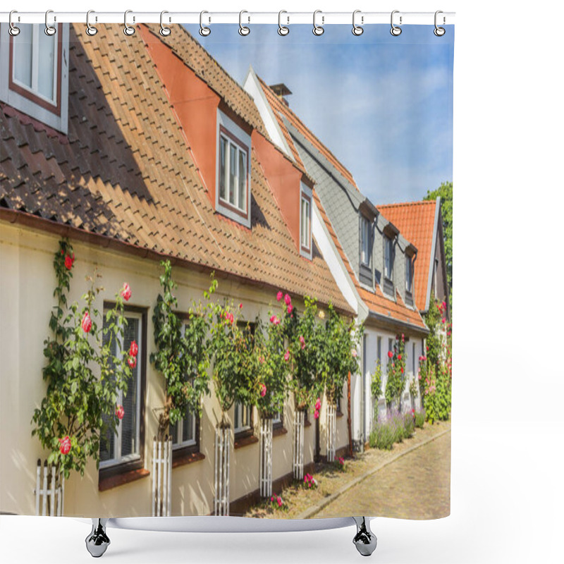 Personality  Pink Roses In Front Of Historic Houses In Holm Village, Germany Shower Curtains