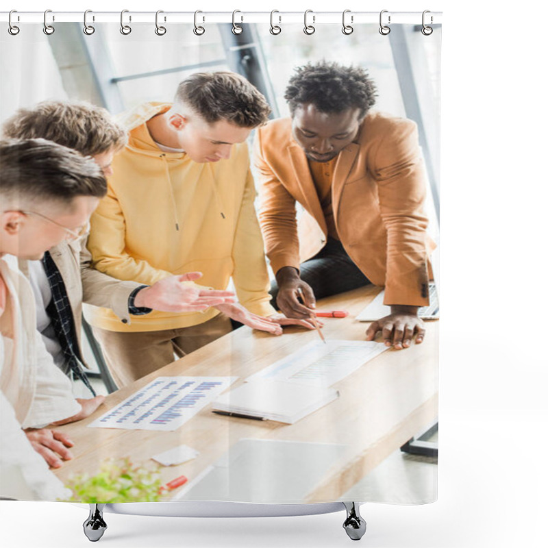 Personality  Four Multicultural Businesspeople Analyzing Papers With Graphs And Charts While Working On Startup Project Together In Office Shower Curtains