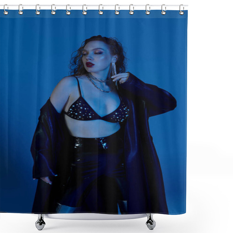 Personality  A Confident Woman Displays Her Stylish Ensemble Against A Captivating Blue Setting. Shower Curtains