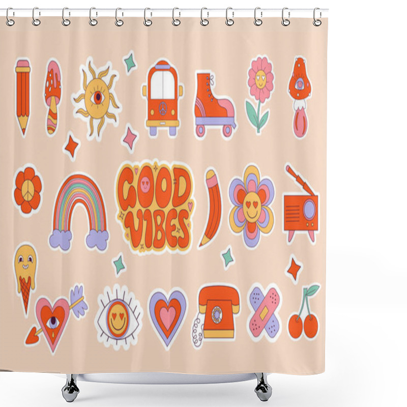 Personality  Nostalgia 70s Stickers. Set Of Retro Groovy Elements, Cute Cartoon Positive Symbols, Funky Hippy Stickers And Lettering Of Good Vibes, Bus, Rollers, Rainbow, Funky Mushroos. Vector Psychedelic Clipart Shower Curtains