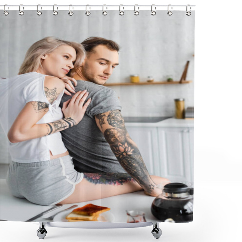 Personality  Back View Of Tattooed Girl Hugging Handsome Boyfriend Near Breakfast On Kitchen Table  Shower Curtains