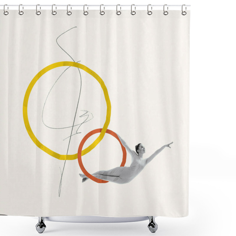 Personality  Creative Design. Young Girl, Female Rhytmic Gymnast Training With Drawn Hoops Isolated Over Light Background. Concept Of Sport, Motion, Action, Creativity, Pastel Colors, Motivation. Ad Shower Curtains