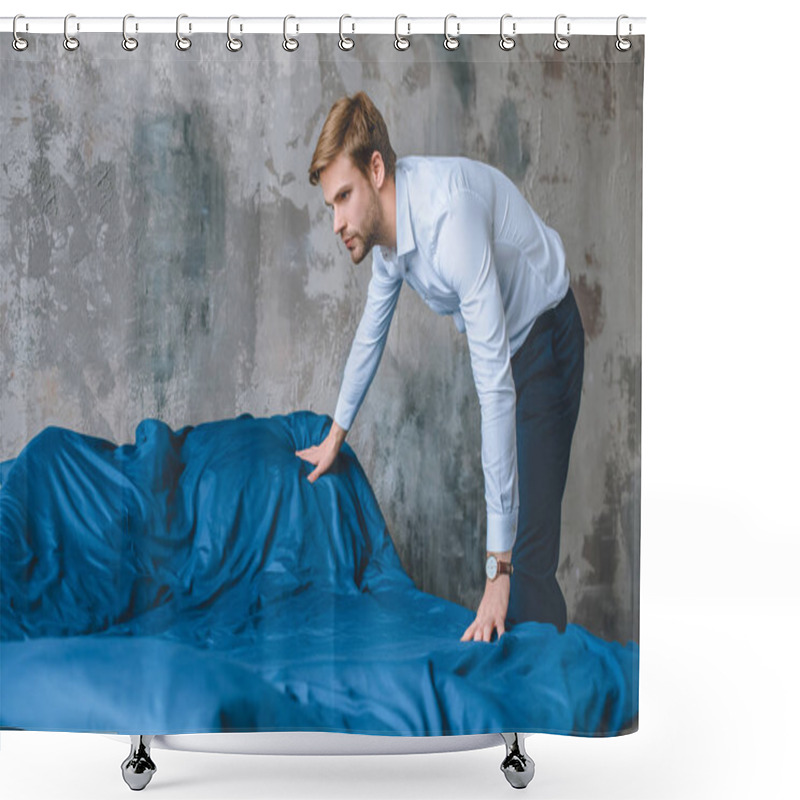 Personality  Focused Businessman Covering Bed By Blue Coverlet At Home  Shower Curtains