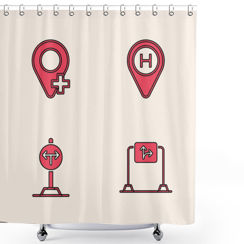 Personality  Set Road Traffic Sign, Location, Helicopter Landing Pad And Fork The Road Icon. Vector Shower Curtains