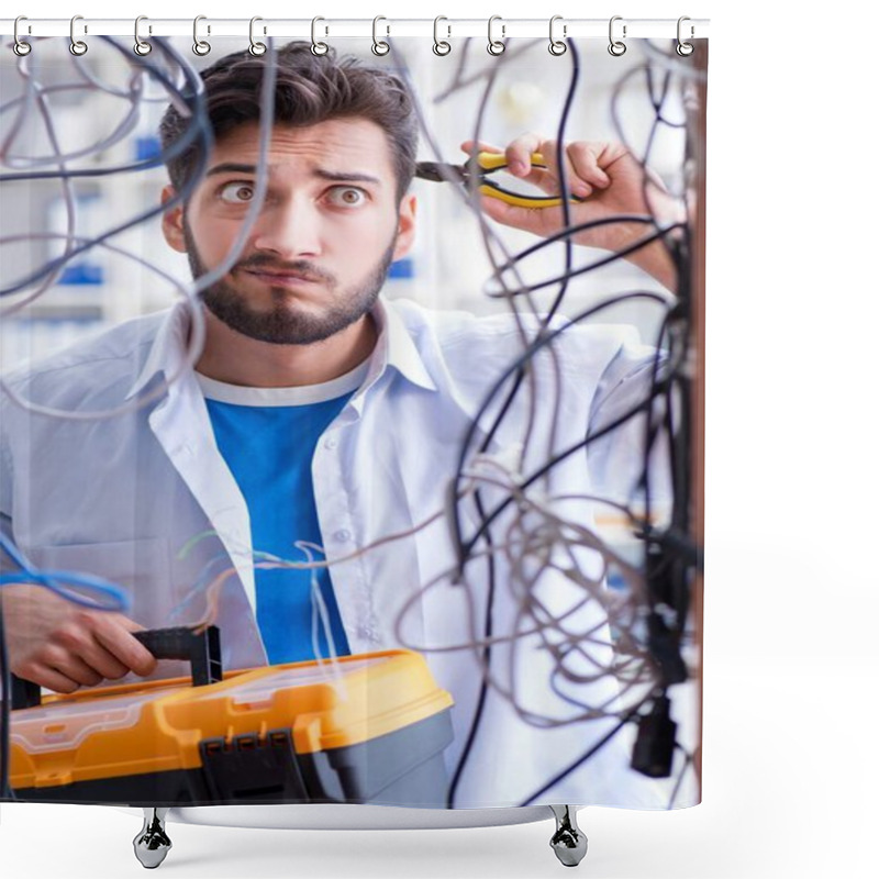 Personality  Electrician Trying To Untangle Wires In Repair Concept Shower Curtains