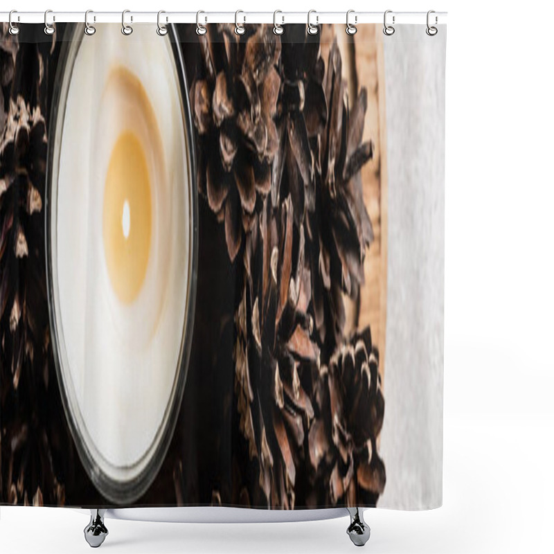 Personality  Panoramic Shot Of Scented Candle With Pine Cones Shower Curtains