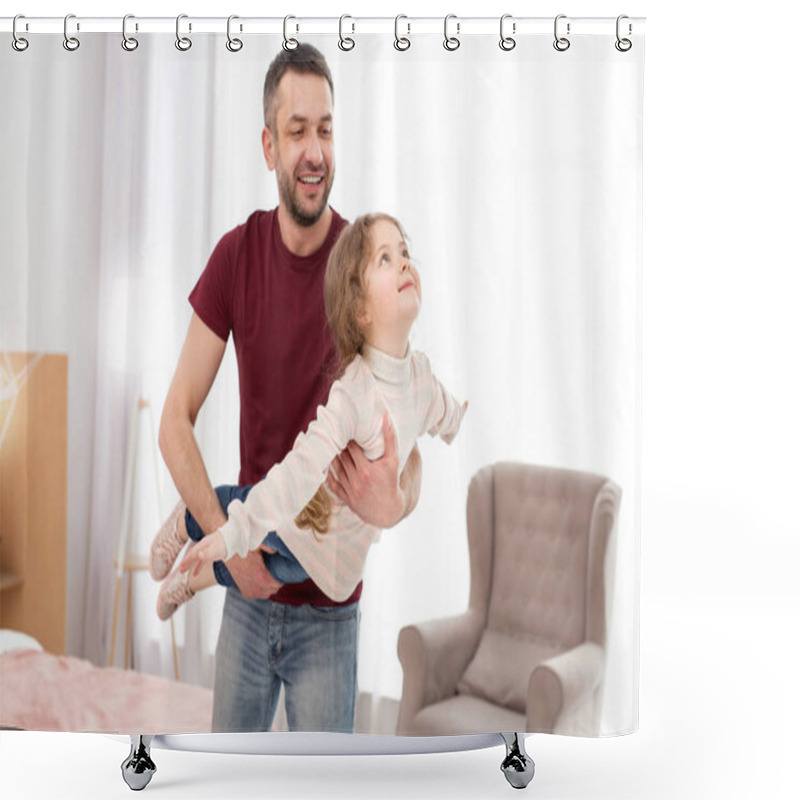 Personality  Cheerful Father Having Fun With His Daughter Shower Curtains