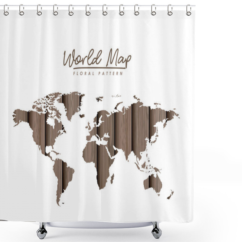 Personality  World Map Floral Pattern With Gray Wood Lines On White Background Shower Curtains