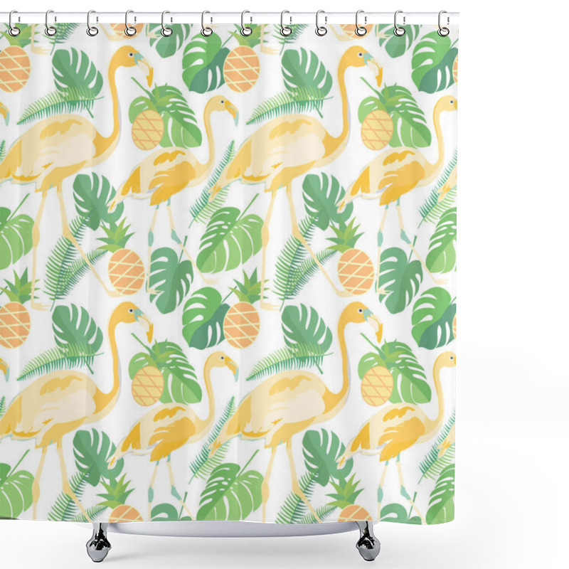 Personality  Tropical Trendy Seamless Pattern With Flamingos, Pineapples And  Shower Curtains