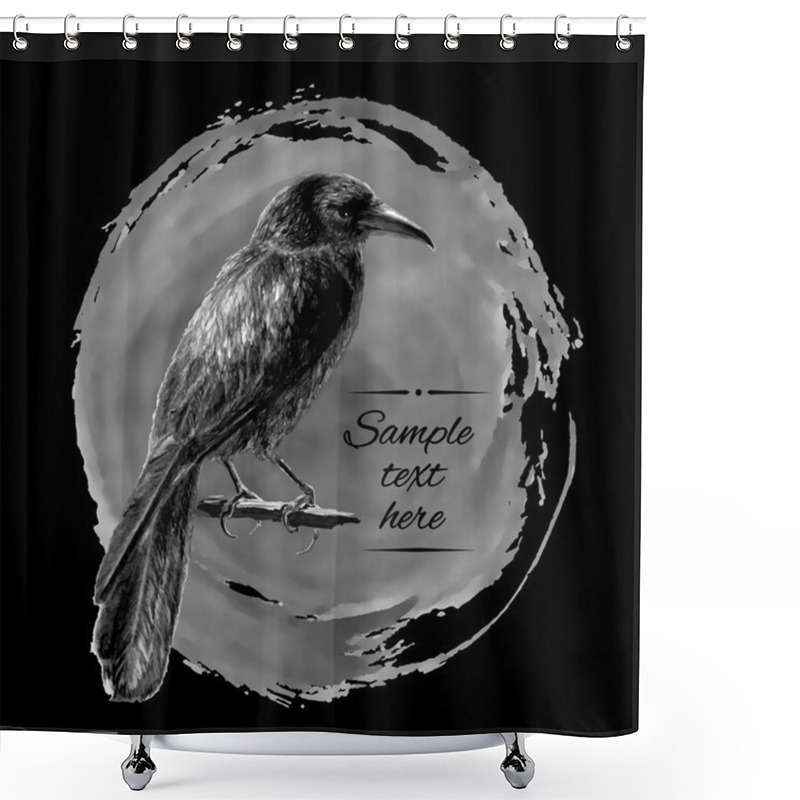 Personality  The Raven Sitting On A Branch With Background Of Black Ink Stains. Vector Illustration Shower Curtains