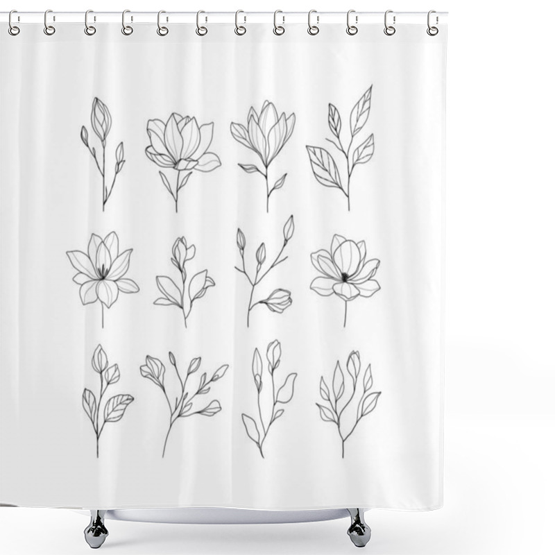 Personality  Magnolia Line Art Illustration With Delicate Petals And Branches In A Minimalist Black And White Style. Botanical Vector Illustration.  Shower Curtains