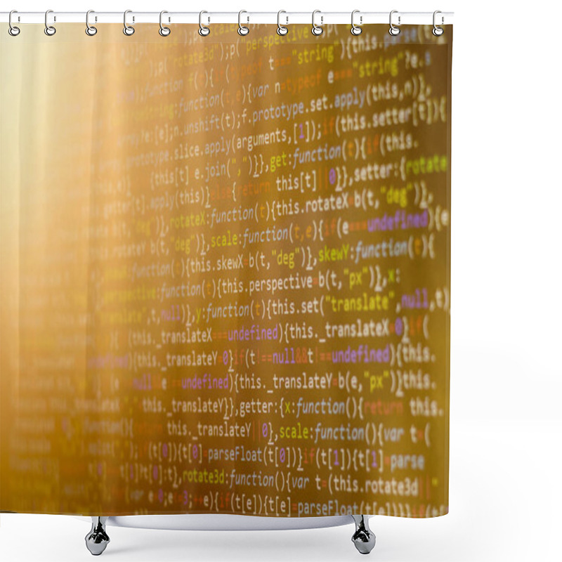 Personality  Minificated Web Development Javascript Code Close Up In Sunset Rays Shower Curtains