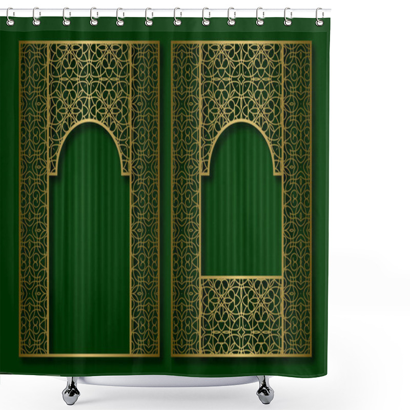 Personality  Vintage Frames In Form Of Oriental Door And Window. Brochure, Book Or Greeting Card Golden Cover Backdrop Design. Shower Curtains