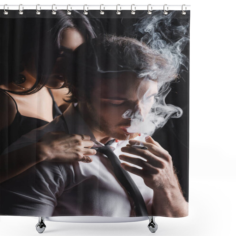 Personality  Brunette Woman Hugging Boyfriend In Formal Wear Smoking Cigarette On Black Background Shower Curtains