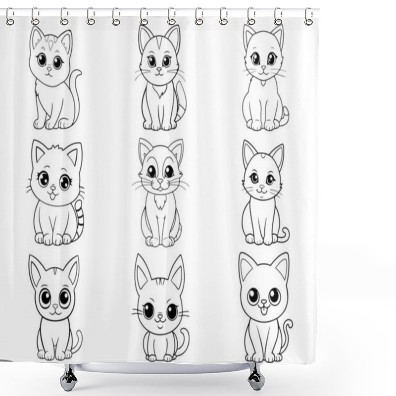 Personality  Bundle Line Art Pet Cute Cat Playful Sitting Pose Art Playful Pet Cat Illustration Hand Drawn Clipart Shower Curtains