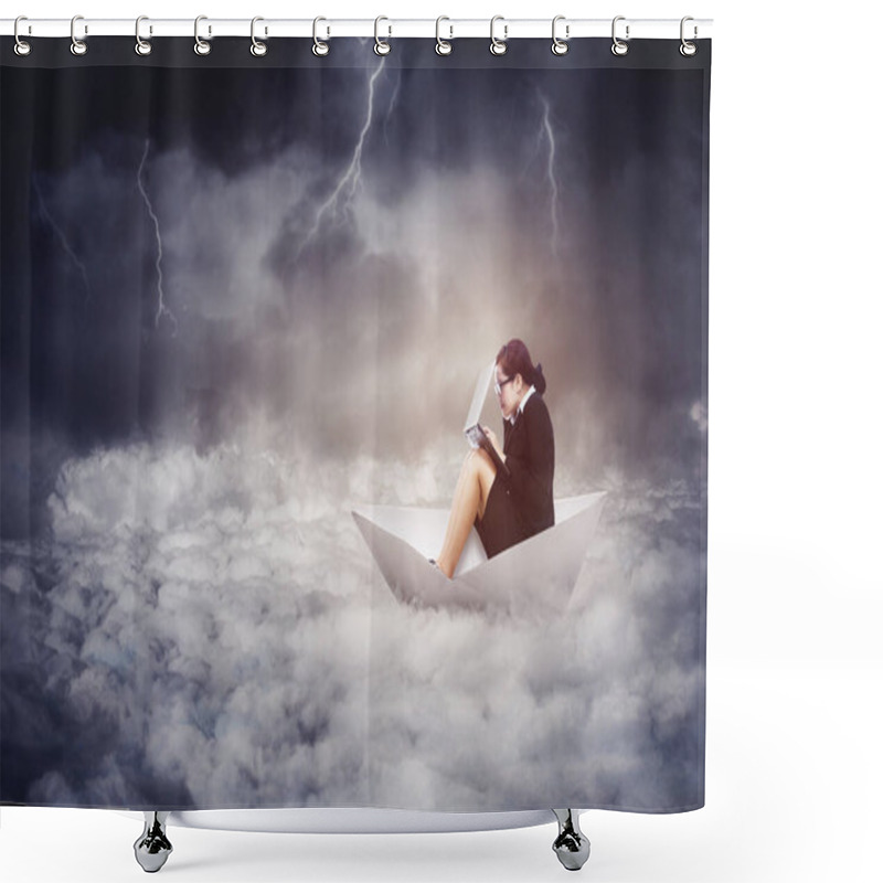 Personality  Scared Businesswoman Using A Laptop While Sailing On The Stormy Sea With Cloudy Sky Background Shower Curtains