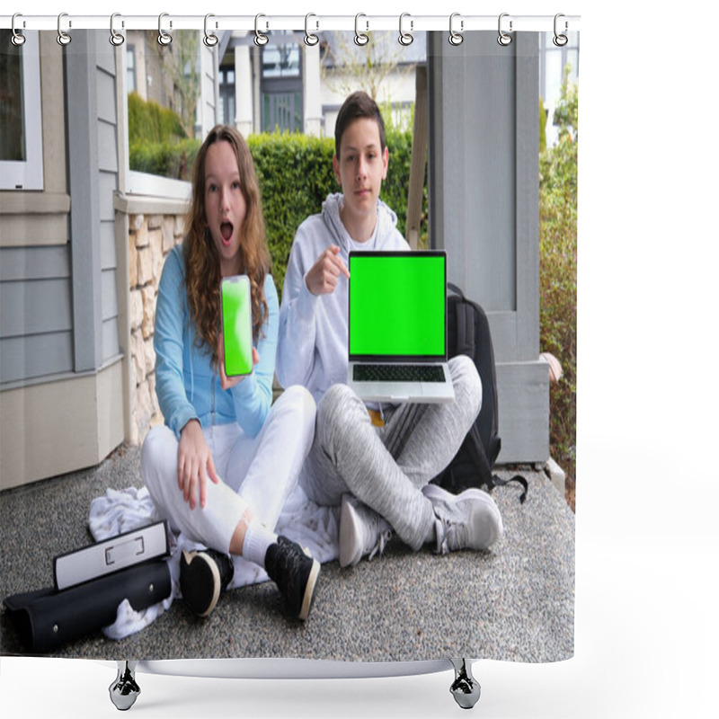 Personality  Cropped Image Of School Kids Preteen Boys And Girls Elementary Middle Pupils Sitting On The Stairs And Using Digital Devices Wireless Gadgets Laptop Tablet Smartphone Outdoors  Shower Curtains