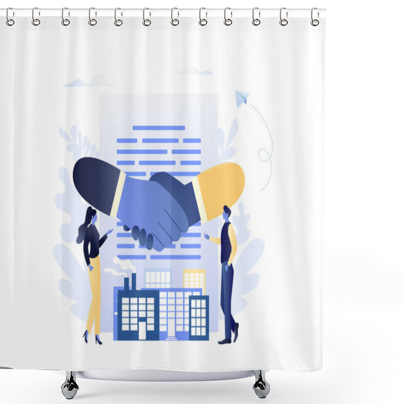 Personality  B2B Shaking Hands With Small People, Company And Factory. Business To Business. Flat Modern Concept Vector Illustration For Web, Landing Page, Banner, Presentation, Flyer, Poster. Blue And Yellow Shower Curtains