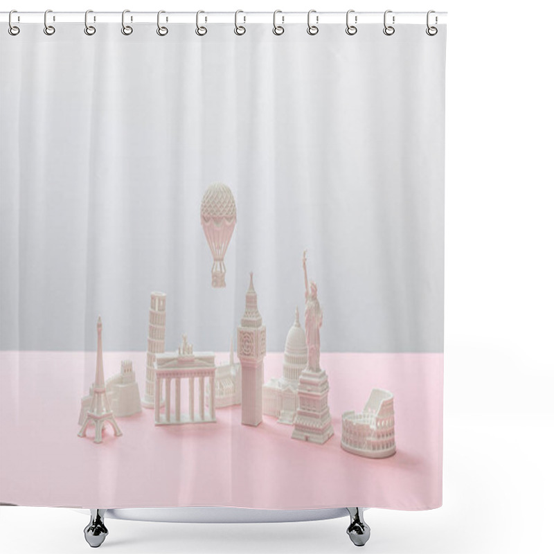 Personality  Small Figurines From Different Countries On Grey And Pink  Shower Curtains