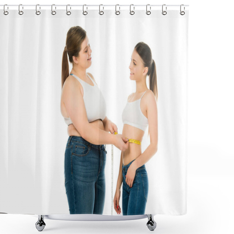 Personality  Happy Overweight Woman Measuring Waist Of Slim Woman Isolated On White Shower Curtains