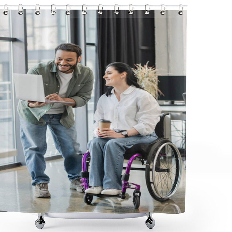 Personality  Cheerful Indian Businessman Showing Startup Project On Laptop To Disabled Woman In Wheelchair Shower Curtains