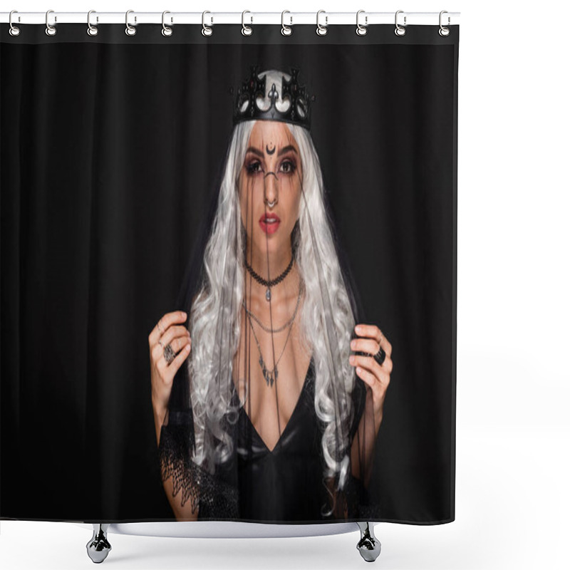 Personality  Blonde Witch Style Woman In Crown And Veil Looking At Camera Isolated On Black Shower Curtains