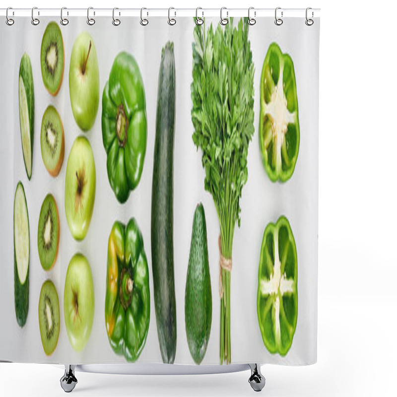 Personality  Panoramic Shot Of Peppers, Cucumbers, Zucchini, Kiwi, Apples, Greenery And Avocado Shower Curtains