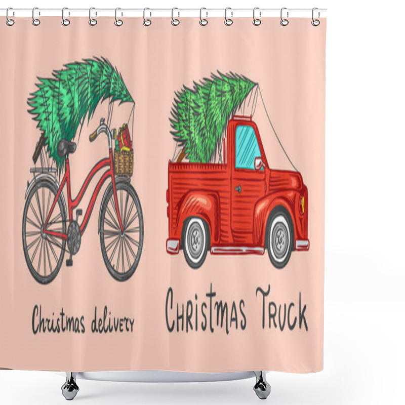 Personality  Car And Bicycle With A Christmas Tree. Spruce In The Luggage Of The Truck. Delivery Concept. Vector Illustration For Label, Badge, Logo, Postcard Or Banner. Hand Drawn Vintage Engraved Sketch.  Shower Curtains