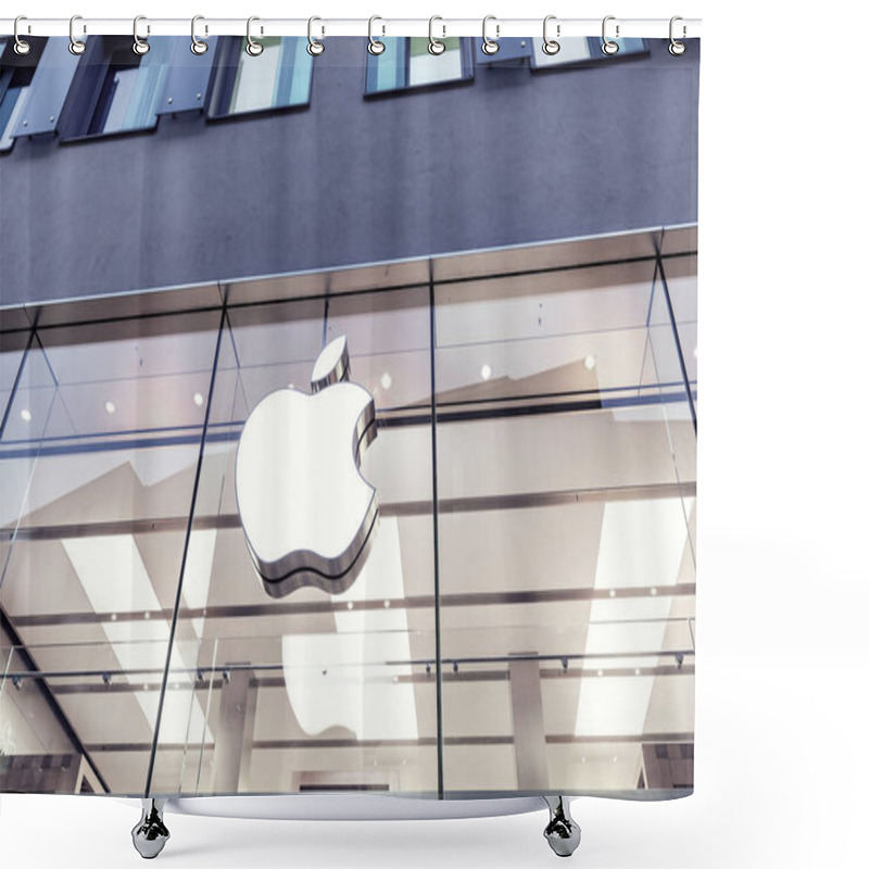 Personality  07 August 2019, Munchen, Germany: Apple Logo Close-up At The Store Shower Curtains