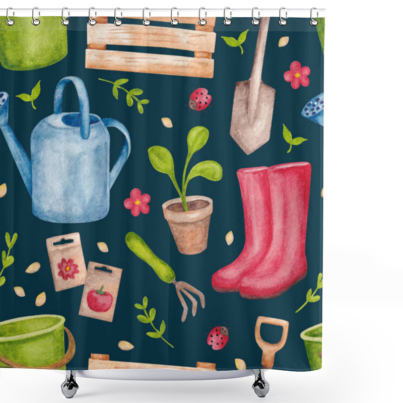 Personality  Seamless Pattern On A Dark Background. Seamless Background With Garden Tools. Image In Watercolor Technique For Decoration On The Theme Of The Garden And Vegetable Garden. Bucket, Watering Can, Shovel, Rake, Plants, Seeds. Shower Curtains