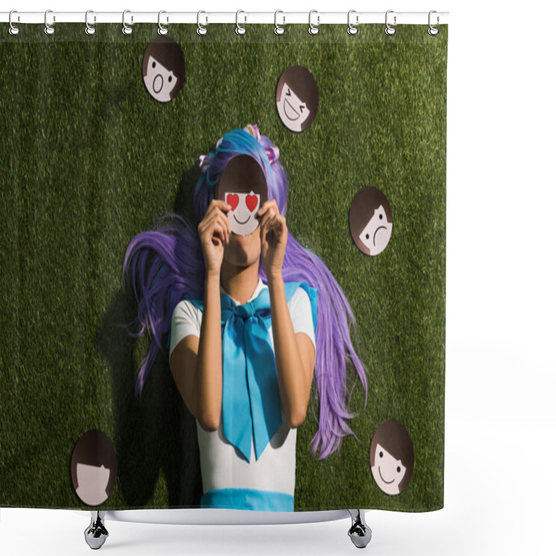 Personality  Anime Girl In Purple Wig Lying On Grass With Emoticons Shower Curtains