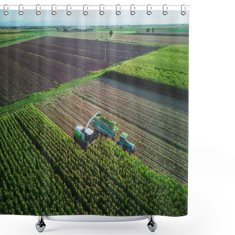 Personality  Aerial View Drone Shot Corn Harvester Chop Green Silage For Cattle Blown To Wagon Pulled By Tractor In Field Shower Curtains