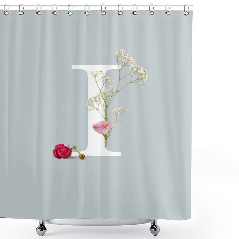 Personality  White Letter I With Buds And Wildflowers Isolated On Grey Shower Curtains