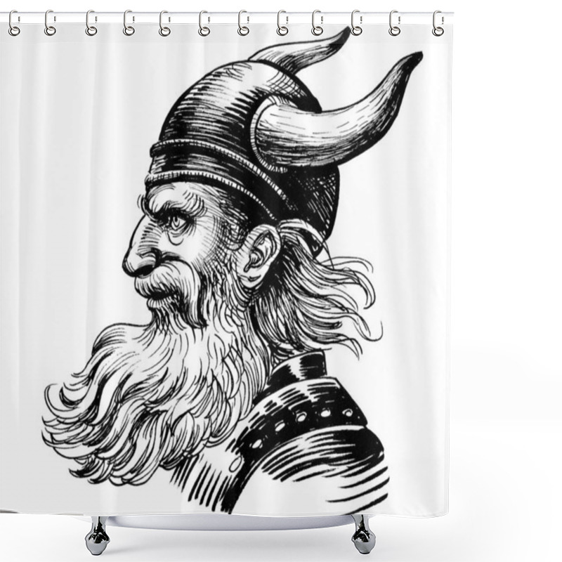 Personality  Viking Warrior In Horned Helmet. Ink Black And White Drawing Shower Curtains