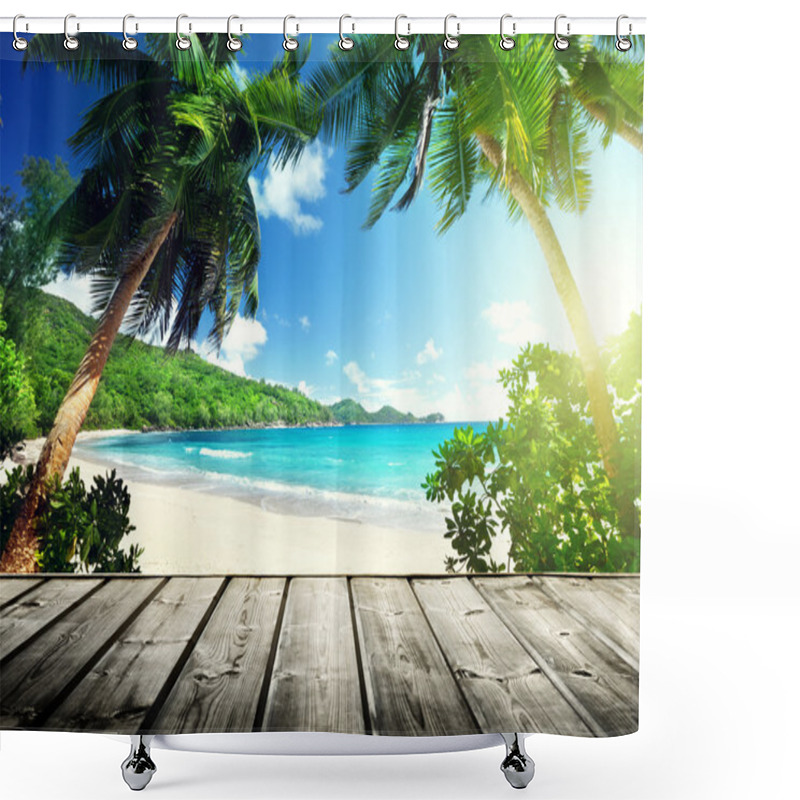 Personality  Seychelles Beach And Wooden Pier Shower Curtains