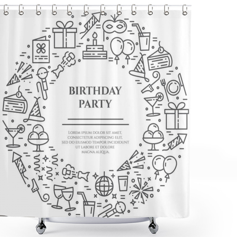 Personality  Birthday Party Theme Banner Consisting Of Line Icons With Editable Stroke In Form Of Circle With Copy Space. Shower Curtains