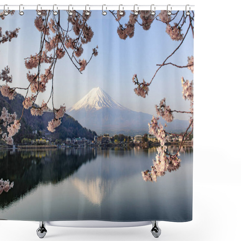 Personality  Fuji Mountain And Sakura Branches In Spring At Kawaguchiko Lake, Japan Shower Curtains