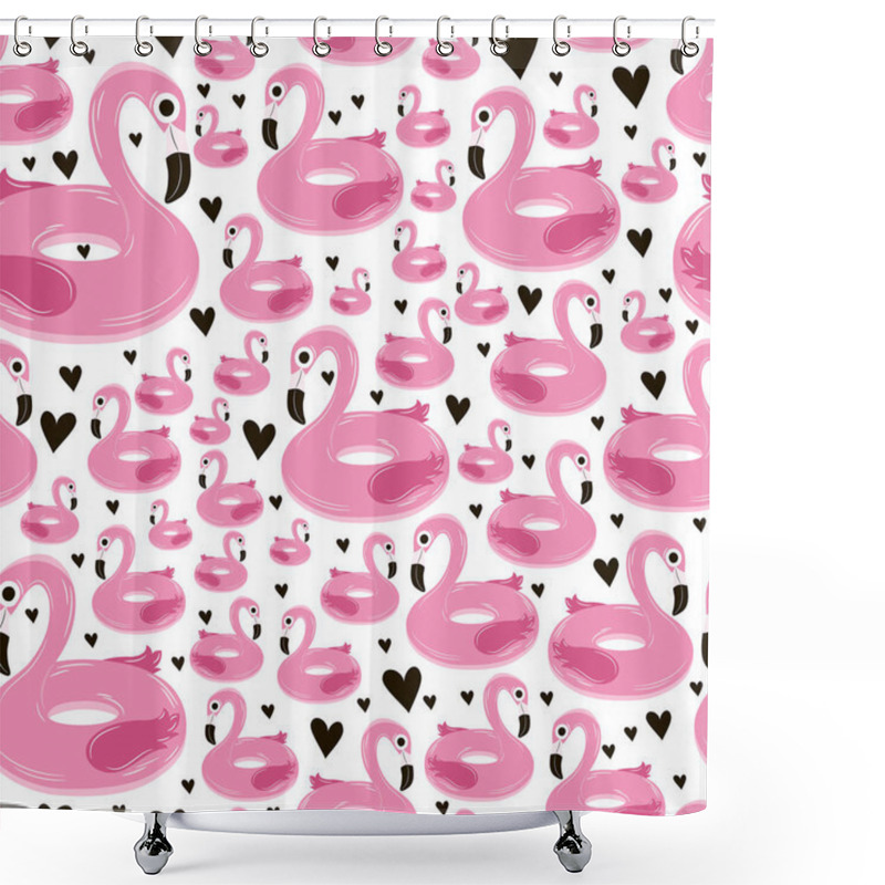 Personality  Vector Seamless Pattern With Pink Inflatable Flamingos And Black Hearts Shower Curtains