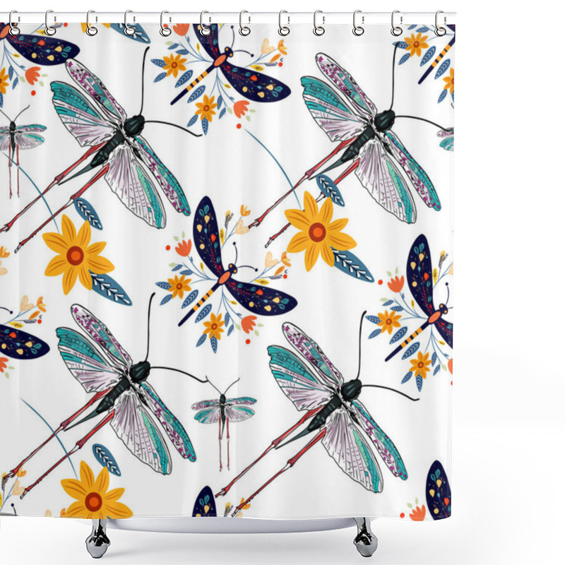 Personality  Vibrant Insect And Flower Design With Blue Background. Locust Top View. Colorful Dragonflies With Yellow Floral Shower Curtains