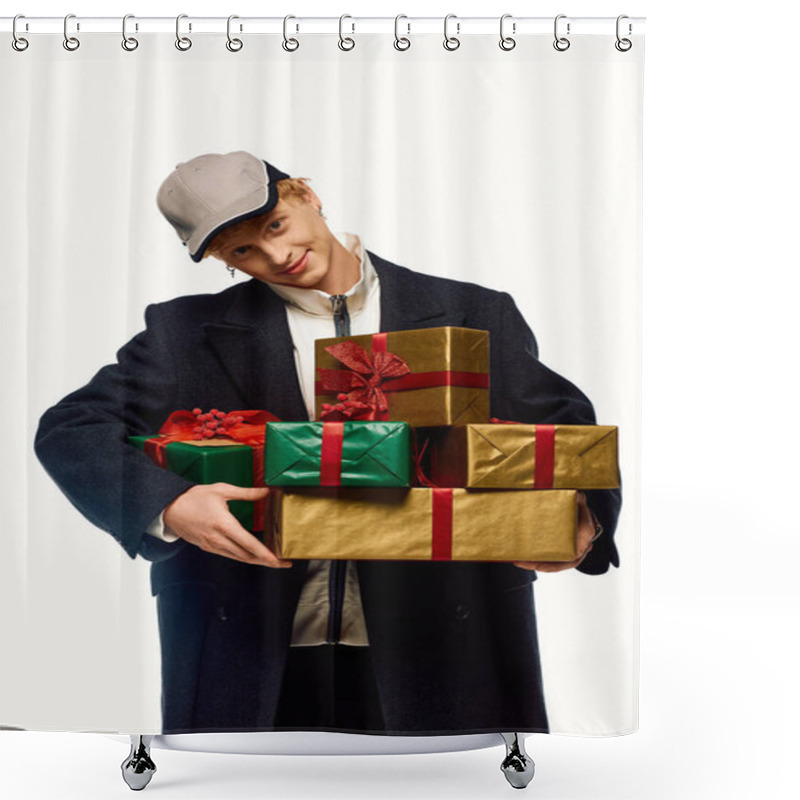 Personality  Celebrating The Joy Of Christmas In 2025, A Fashionable Man Showcases His Holiday Spirit While Carrying Beautifully Wrapped Presents. Shower Curtains