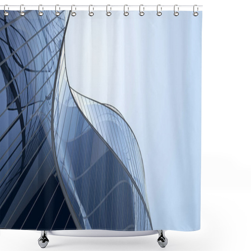 Personality  Low Angle View Of Futuristic Architecture, Skyscraper Of Office Building With Curve Glass Window, 3D Rendering. Shower Curtains