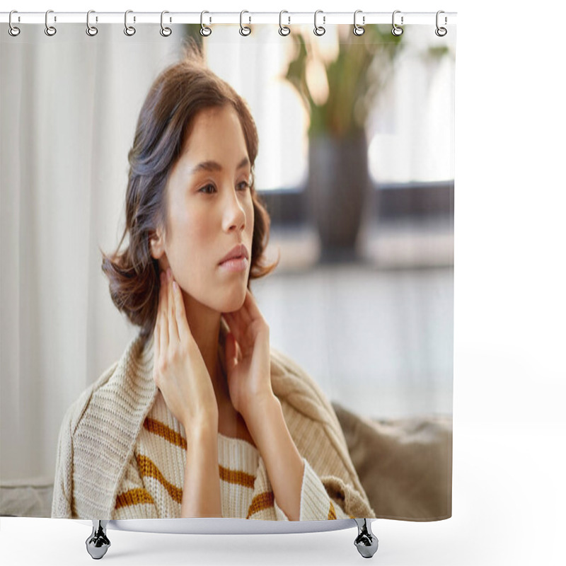 Personality  Sick Woman Touching Her Lymph Nodes At Home Shower Curtains