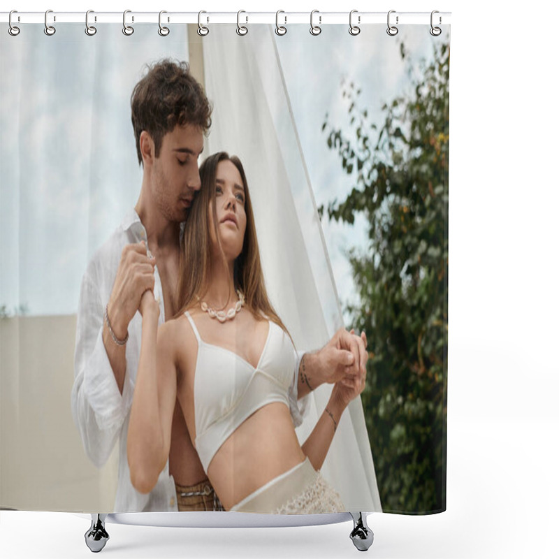 Personality  Tender Couple, Man And Woman In White Attire Holding Hands And Standing Together During Vacation Shower Curtains