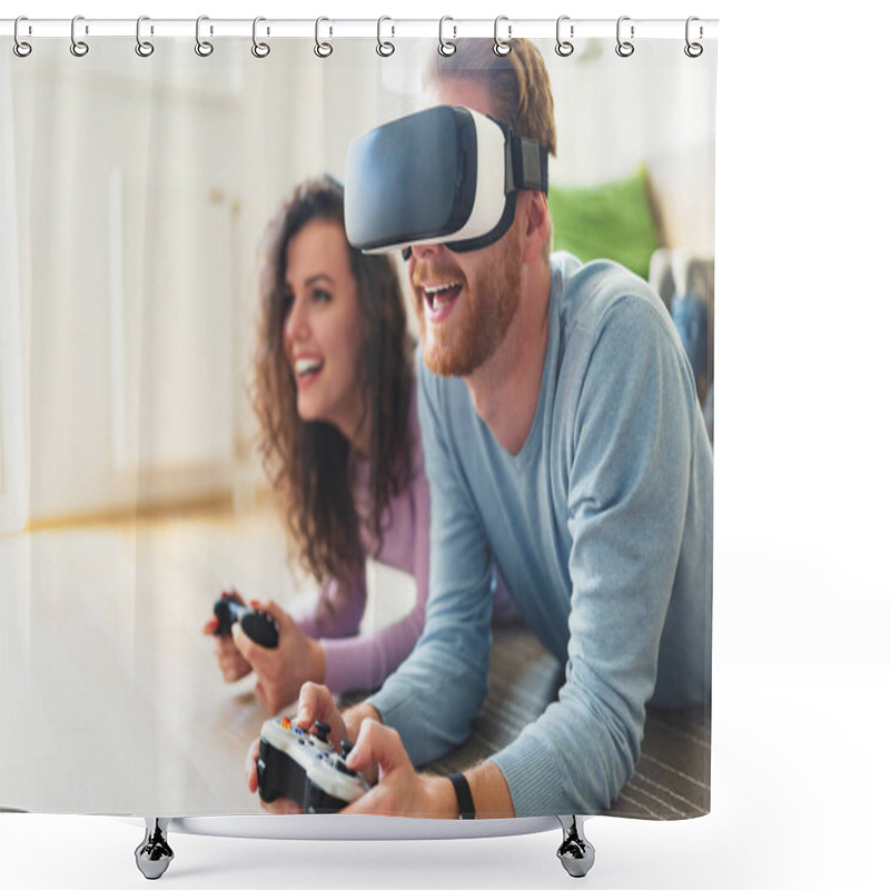 Personality  Happy Young Couple Playing Video Games With Virtual Reality Headsets At Home Shower Curtains