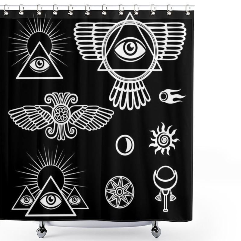 Personality  Set Of Esoteric Symbols: Wings, Pyramid, Eye, Moon, Sun, Comet, Star. The Isolated White Contour On A Black Background. Shower Curtains