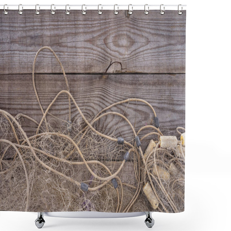 Personality  Flat Lay With Fishing Net On Wooden Background Shower Curtains