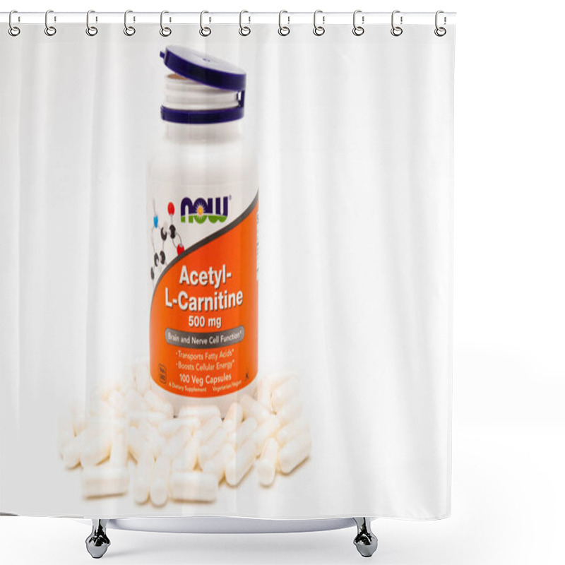 Personality  Fuji City, Shizuoka-Ken, Japan - November 7, 2020: Now Foods, Acetyl-L-Carnitine, 500 Mg, 100 Veg Capsules And Several Scattered In Front Of The Bottle. Isolated On White Background. Copy Space. Shower Curtains