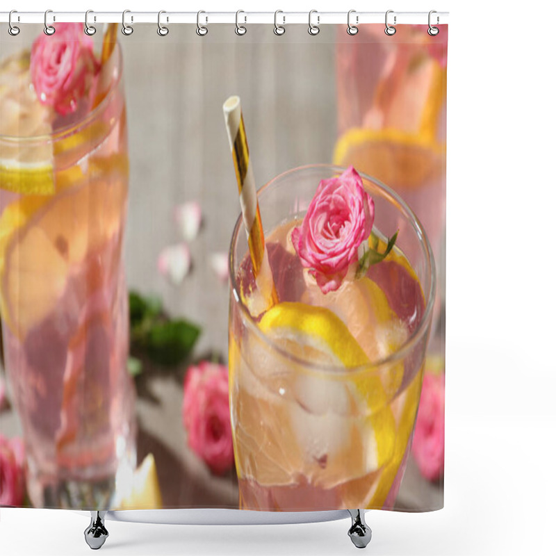 Personality  Delicious Refreshing Drink With Rose Flowers And Lemon Slices On Light Grey Table, Closeup Shower Curtains