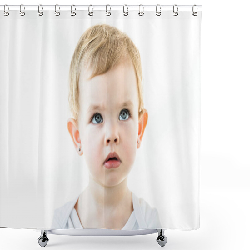 Personality  Adorable Dreamy Baby With White Hair Looking Up On Isolated On White Shower Curtains